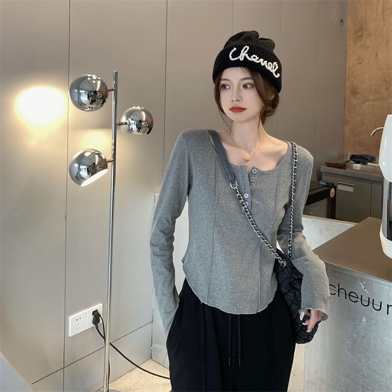 Irregular V-neck short T-shirt women's long-sleeved slim fit inner arc bottoming shirt spring and autumn fishbone chic top