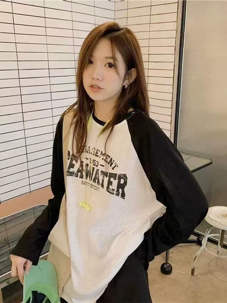 潮牌插肩長袖字母印花純棉t恤女新款寬鬆春秋撞色ins上衣打底衫