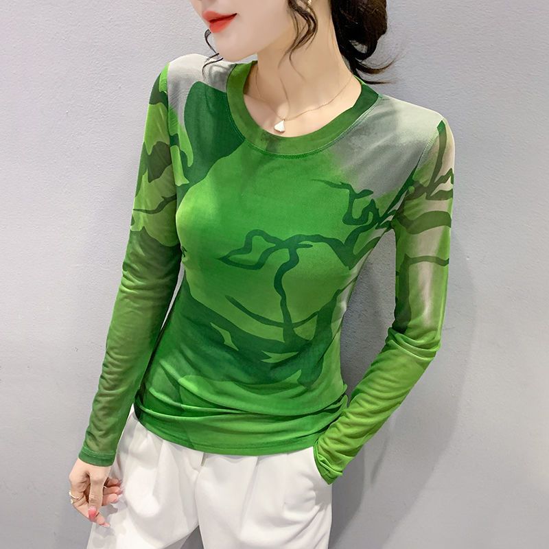 歐洲站2022春秋時尚印花網紗長袖T恤女修身顯瘦洋氣別致打底小衫