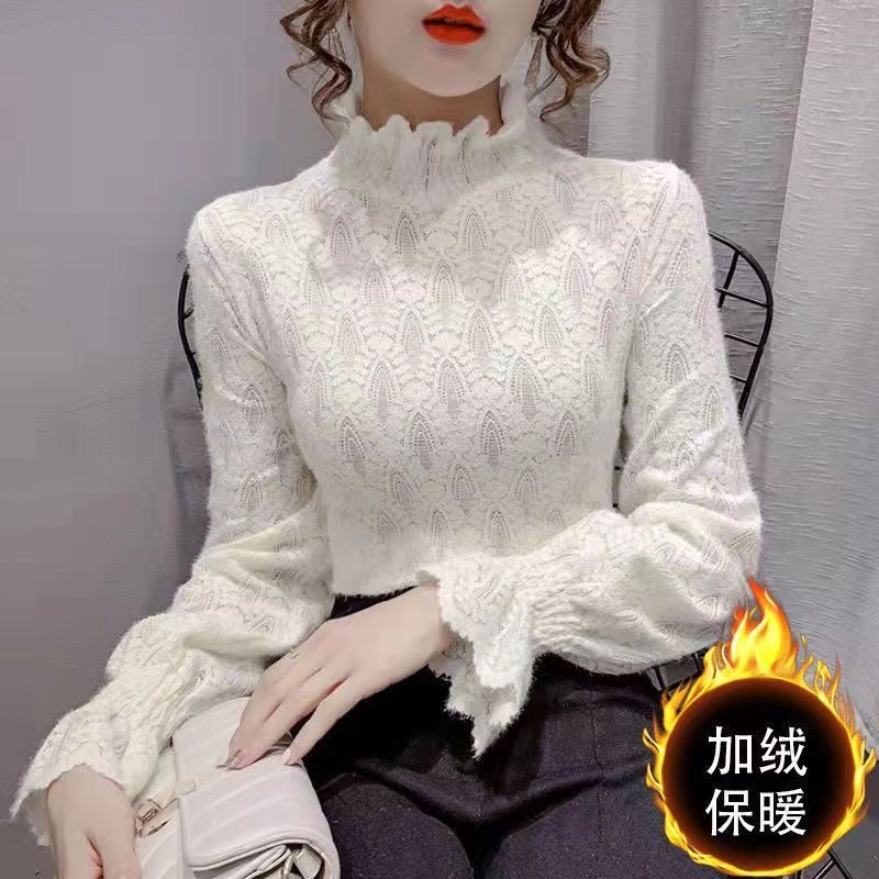秋冬款2022修身百搭喇叭袖上衣女柔軟磨毛蕾絲衫半高領內搭打底衫