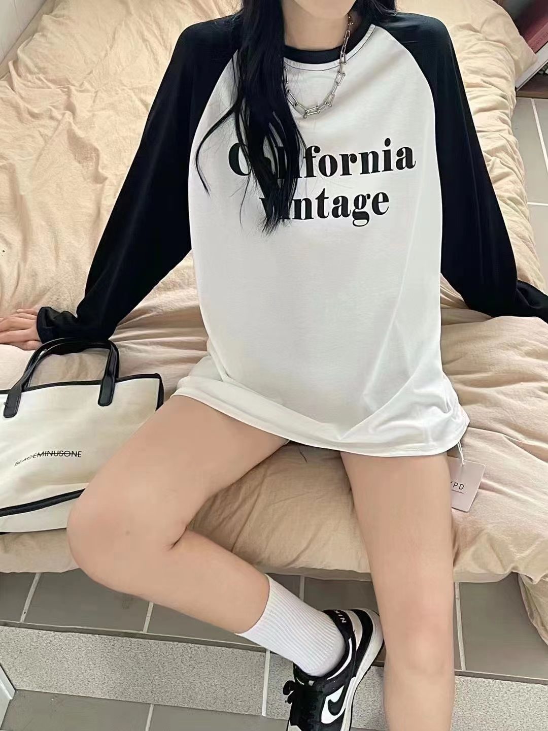 潮牌插肩長袖純棉t恤女印花2023新款寬鬆春秋撞色ins上衣打底衫