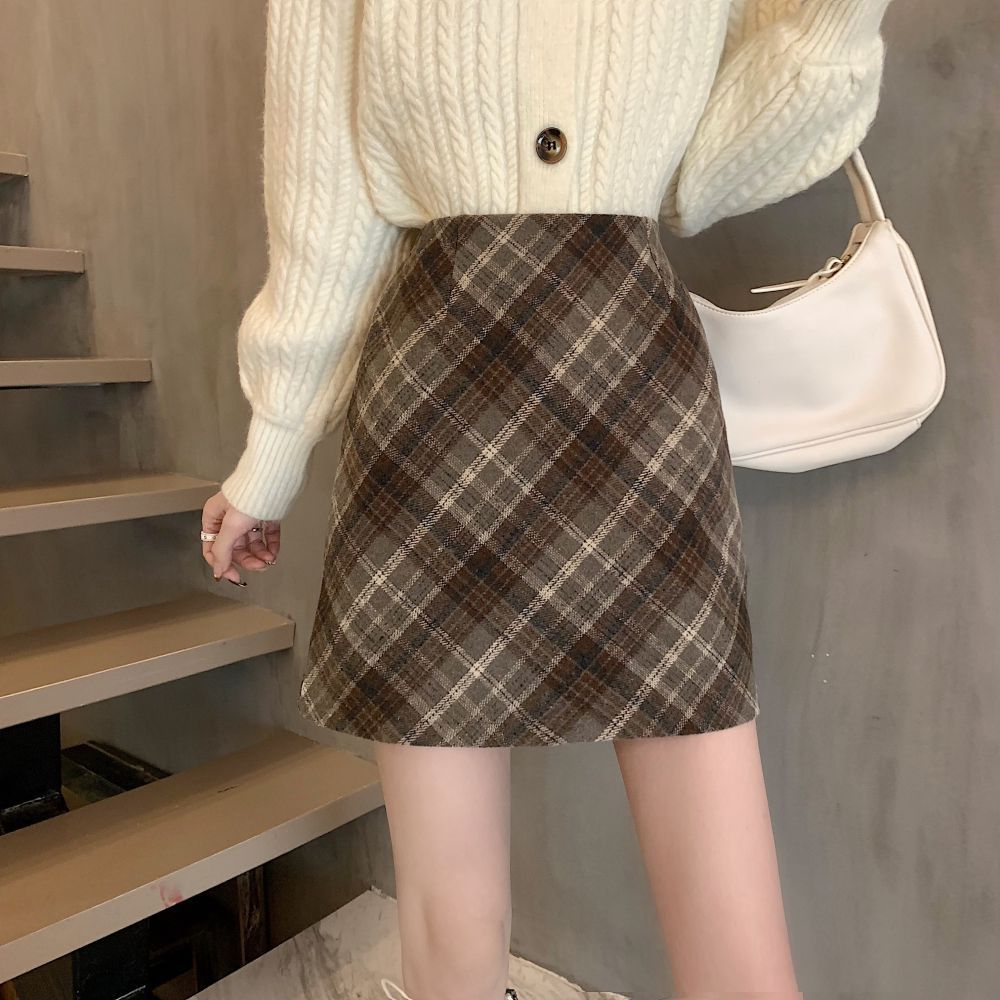 Plaid woolen half length skirt 2022 Autumn/Winter New A-line skirt High waist slimming short skirt Anti glare wrap buttocks skirt Children