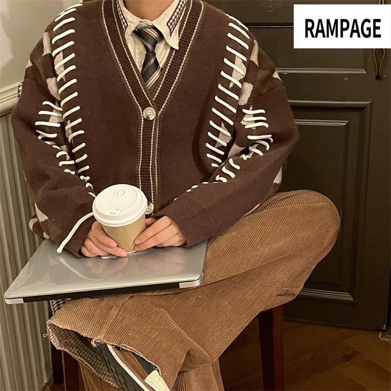 Rampage/开衫毛衣男新款学院风复古个性宽松长袖外套情侣拼接外套