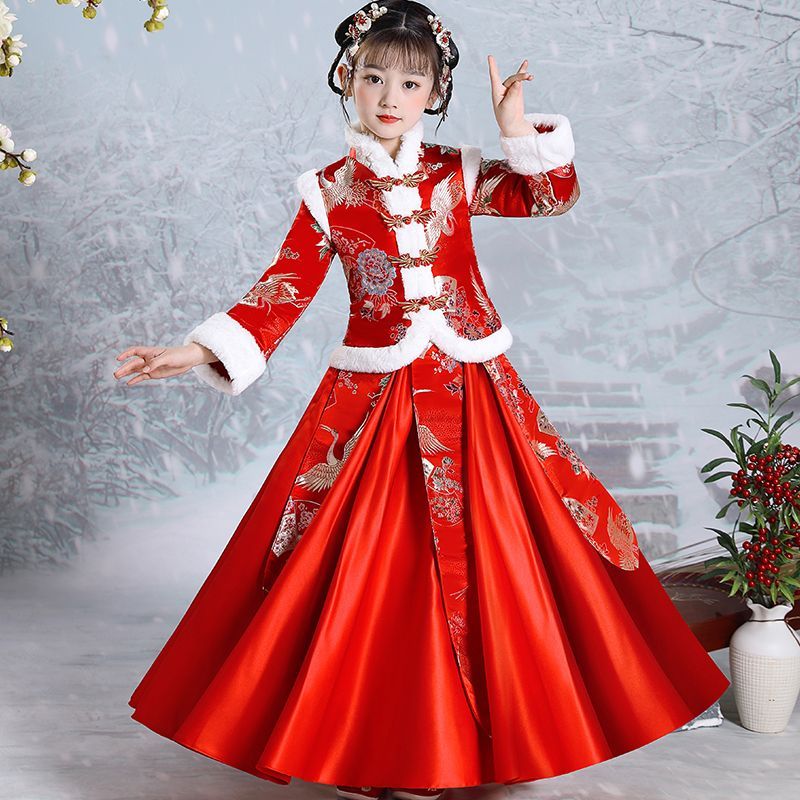 女童漢服冬季兒童拜年服中國風古裝冬裝加絨加厚唐裝女孩新年衣服