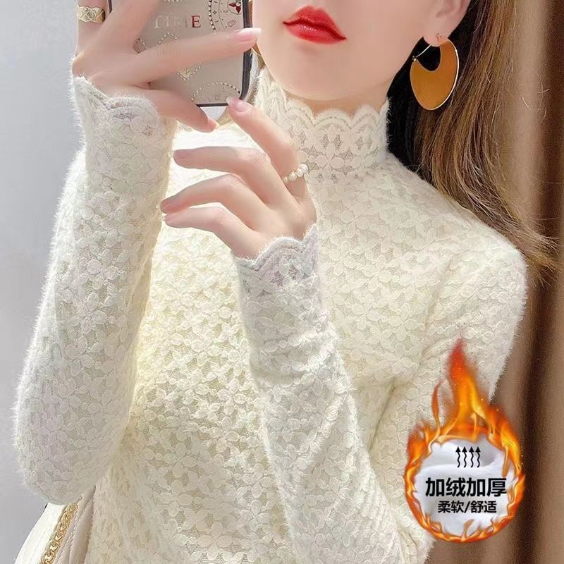 半高領蕾絲打底衫女內搭保暖加絨加厚秋冬季顯瘦修身洋氣長袖上衣