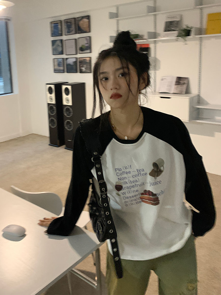 2022新款寬鬆春秋長袖純棉t恤女印花撞色ins上衣打底衫潮牌插肩