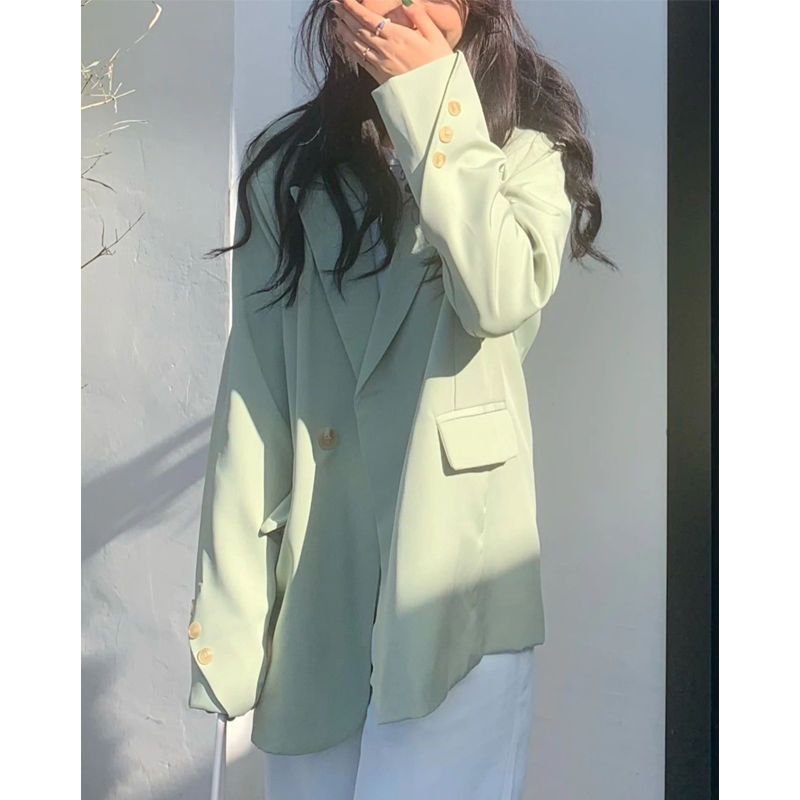Mint bean green suit jacket women's spring and autumn loose casual college style suit niche design high-end top