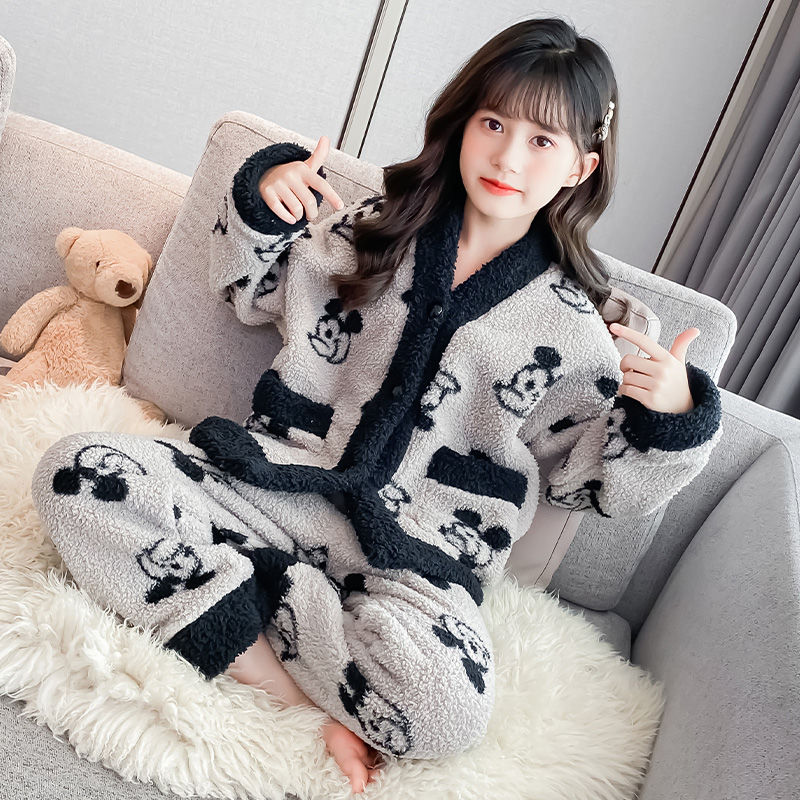 兒童睡衣冬季加厚款女童可愛珊瑚絨長袖中大童套裝法蘭絨家居服潮