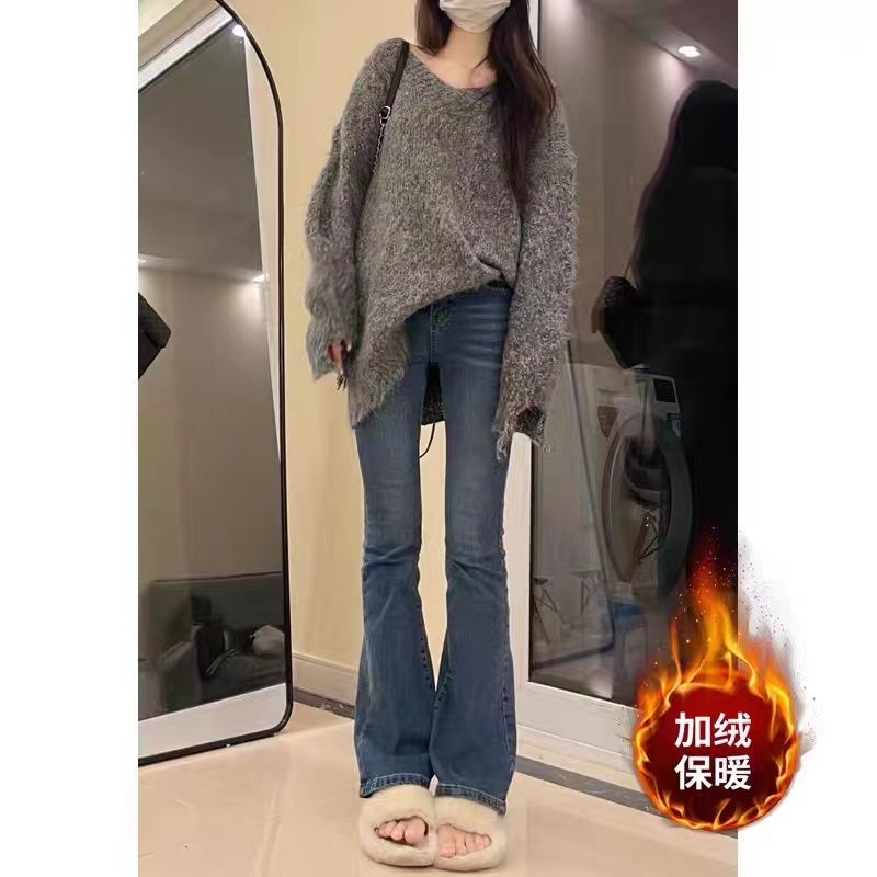 冬季加絨高腰復古微喇叭牛仔褲女大碼女裝胖mm顯瘦顯高拖地馬蹄褲