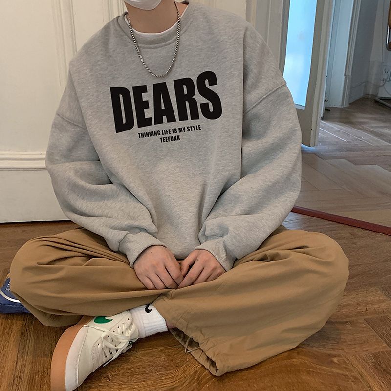 American round neck sweatshirt for men in autumn and winter ins trendy brand clothes long-sleeved oversize large size plus velvet sweatshirt without hood