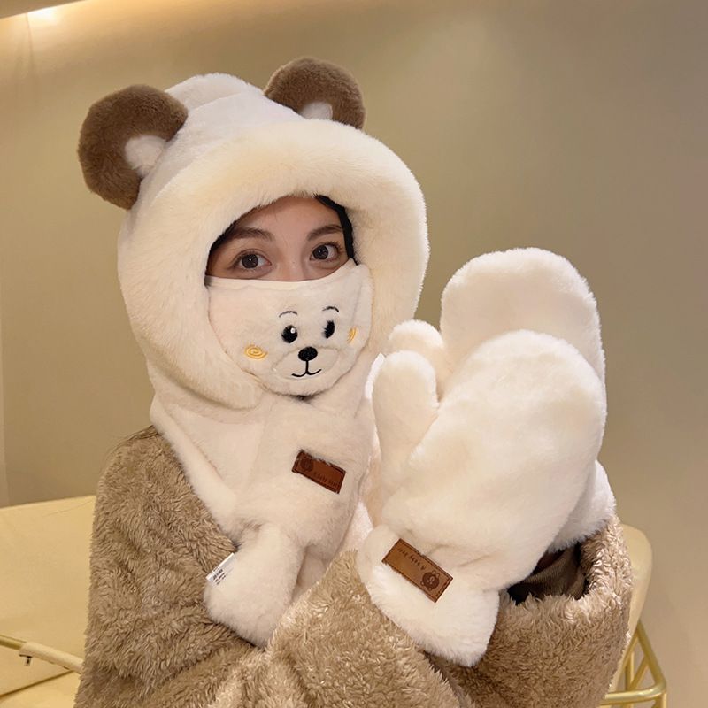 Furry hat scarf all-in-one women's winter scarf bear cute autumn and winter versatile fashionable warm ear protection hat trend