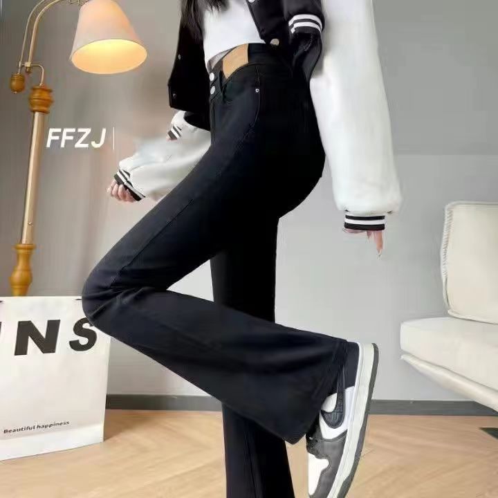 黑色微喇彈力牛仔褲女學生2023春秋新款高腰顯瘦百搭闊腿拖地褲子