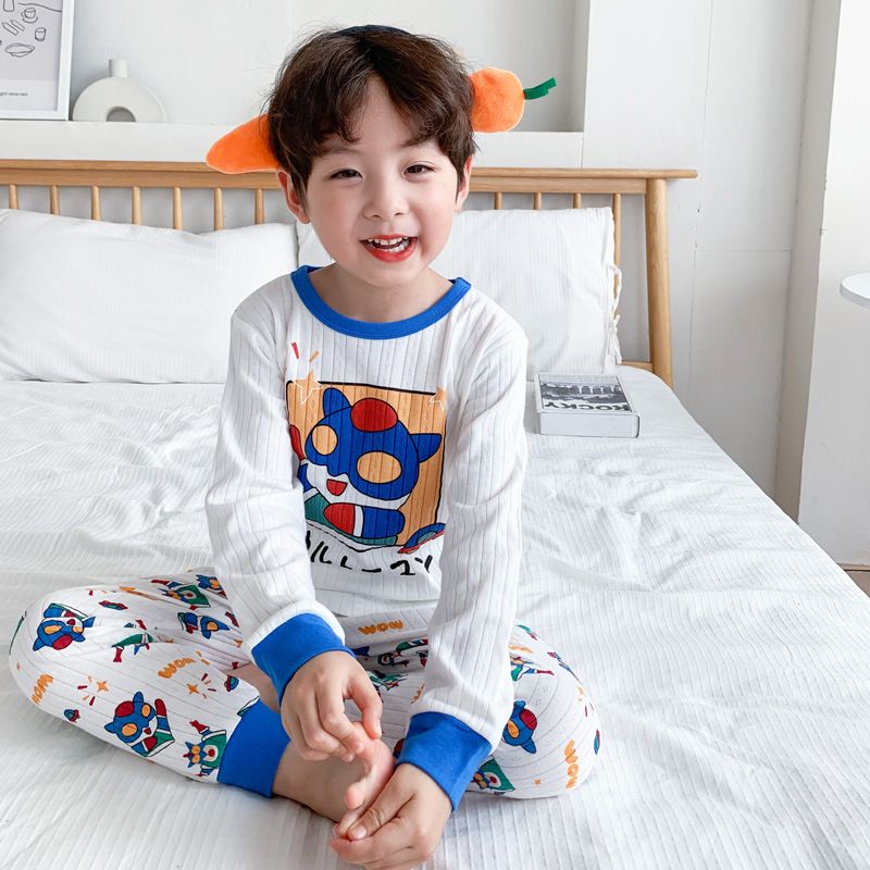 Boys and girls  spring and autumn new foreign style cartoon pure cotton breathable pajamas home service long-sleeved trousers suit