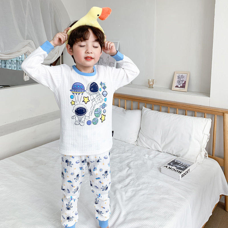 Boys and girls  spring and autumn new foreign style cartoon pure cotton breathable pajamas home service long-sleeved trousers suit