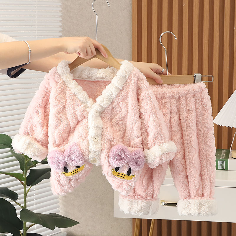 女童秋冬加絨睡衣2022新款男童加厚法蘭絨保暖套裝家居服兩件套潮