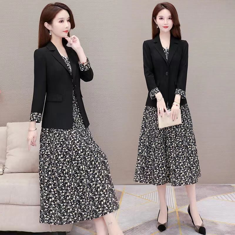 2022 Elegant Temperament Suit Slim Black Suit Jacket Female Korean Version Loose Mesh Dress Two-piece Spring