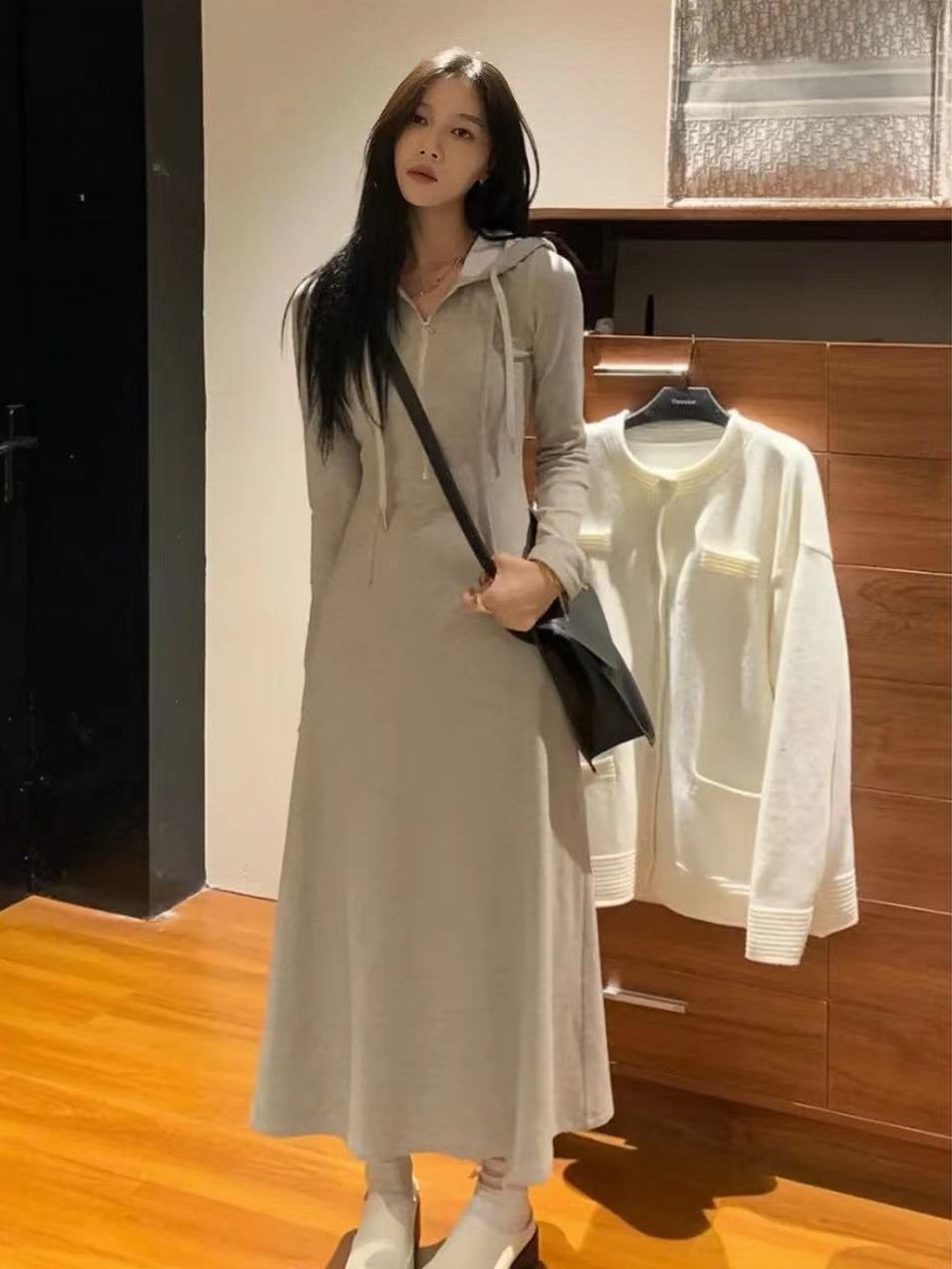 Korean style temperament hooded long skirt female 2023 early spring new style plus velvet thickened inner high-level chic sweater dress