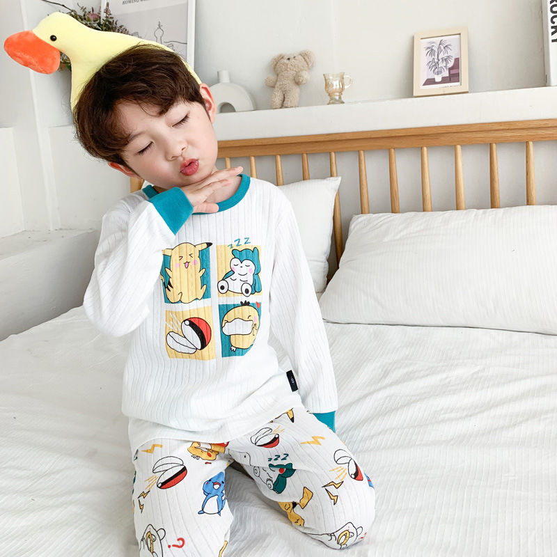 Boys and girls  spring and autumn new foreign style cartoon pure cotton breathable pajamas home service long-sleeved trousers suit