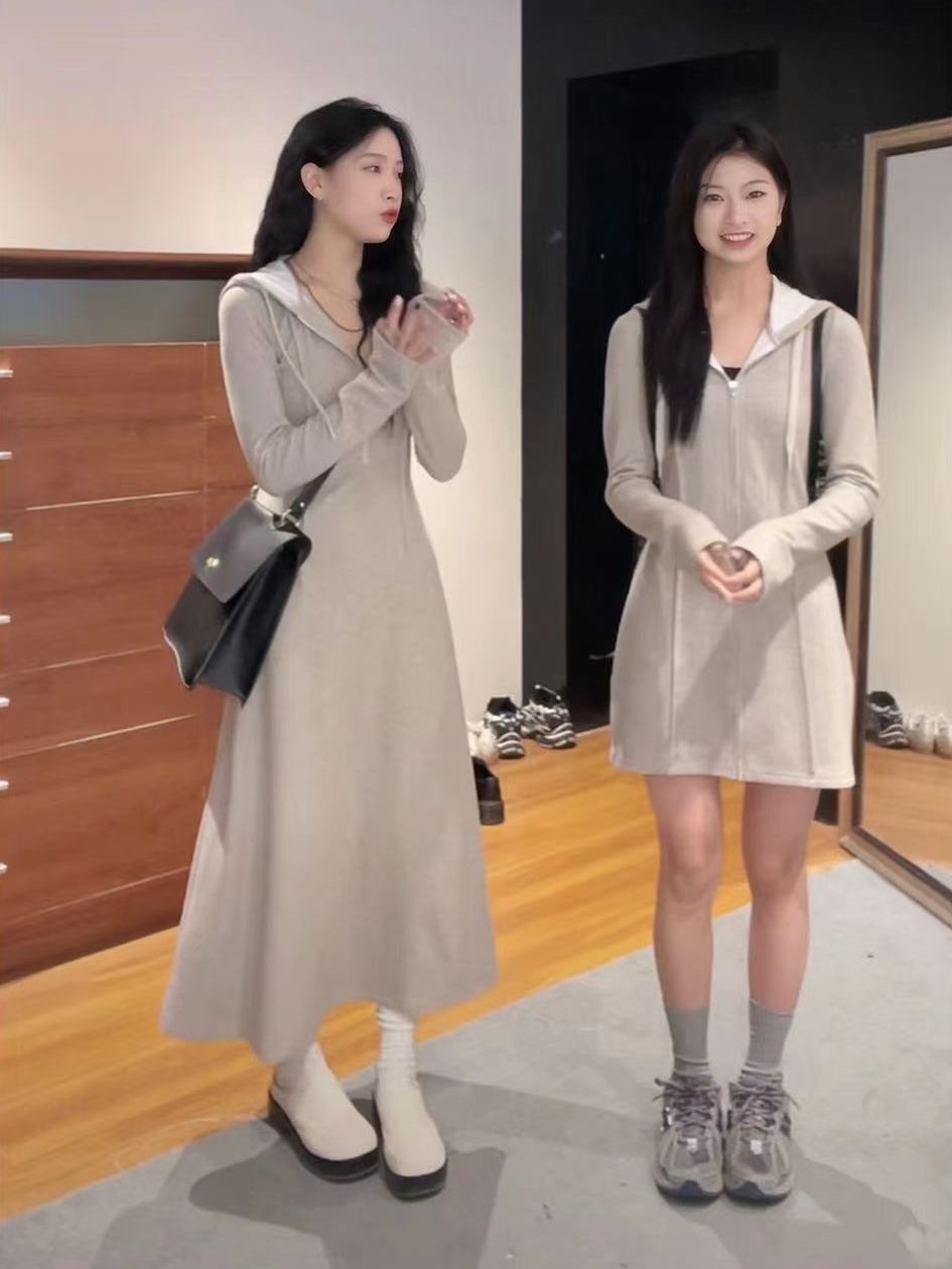 Korean style temperament hooded long skirt female 2023 early spring new style plus velvet thickened inner high-level chic sweater dress