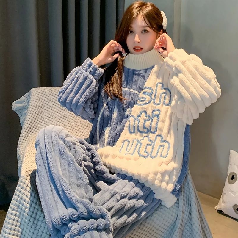 珊瑚絨睡衣女2022年新款秋冬季加絨加厚保暖冬天法蘭絨家居服套裝
