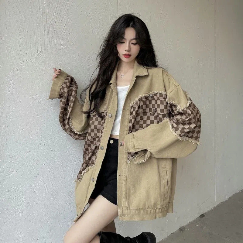 Checkerboard denim jacket female American retro splicing jacket mid-length design sense autumn and winter fried street long-sleeved top