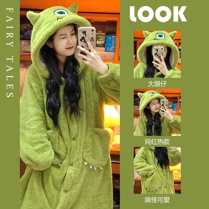 Pajamas women's autumn and winter cartoon big-eyed boy flannel 2022 new winter thickened nightgown can be worn outside home clothes