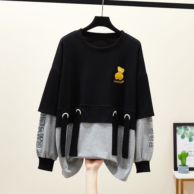 Large size women's spring and autumn new fat mm loose long-sleeved thin tops cover belly fake two-piece sweater 200 catties 300