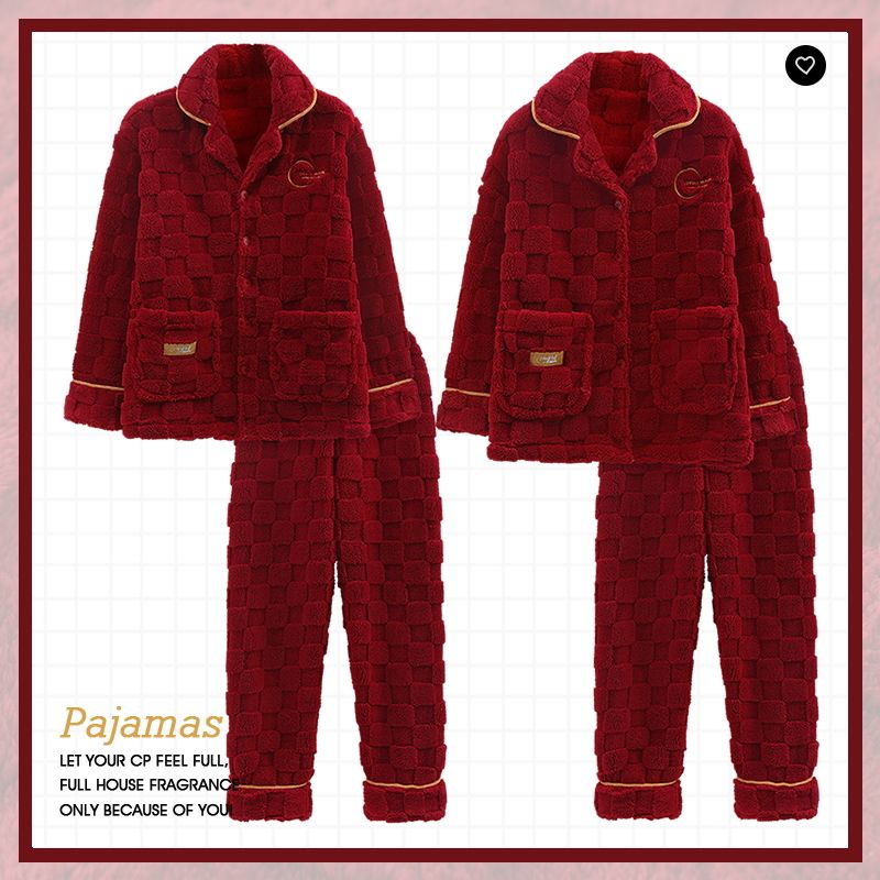 Pajamas wedding couple suit red men and women autumn and winter coral fleece zipper couple pajamas winter