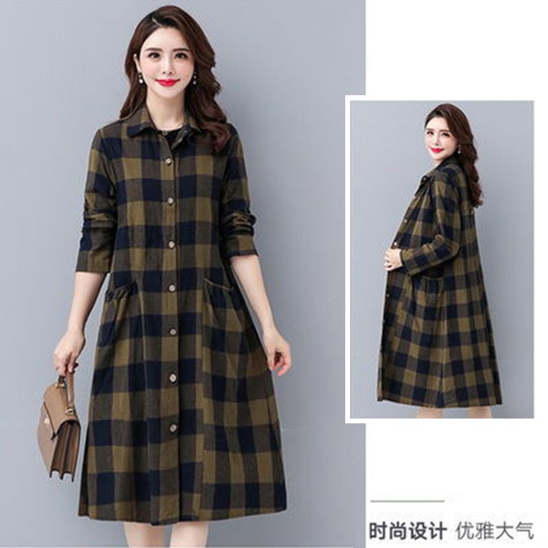 Plaid windbreaker spring and autumn popular temperament coat women's new large size coat mid-length over-the-knee style shirt dress