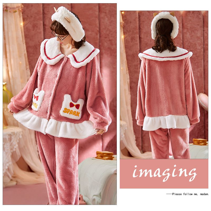 Ladies' pajamas thickened plus velvet autumn and winter coral fleece flannel home service suit  new