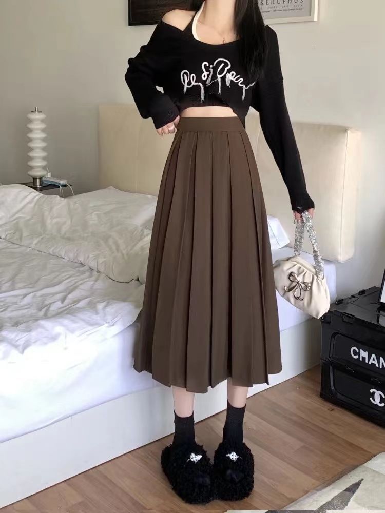 Brown pleated skirt mid-length 2022 autumn and winter new high-waist slim a-line long skirt with drape umbrella skirt skirt