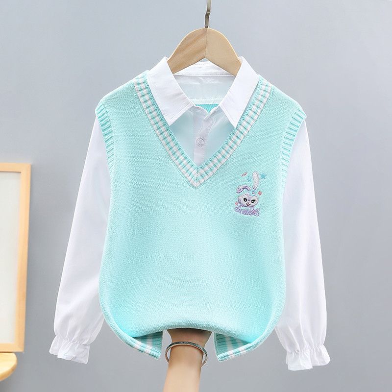 Girls knitted vest spring and autumn 2023 new children's sweater vest children's college style V-neck outerwear knitted sweater