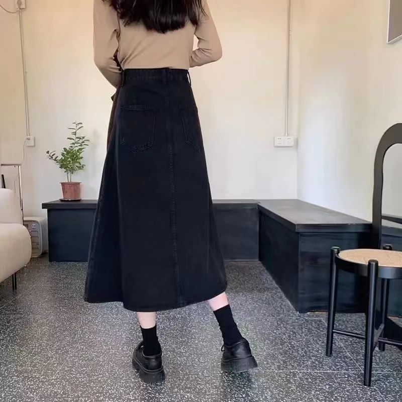 Large size fat mm spring and autumn new belly-covering skirt pear-shaped high-waisted skinny denim skirt women's a-line long skirt