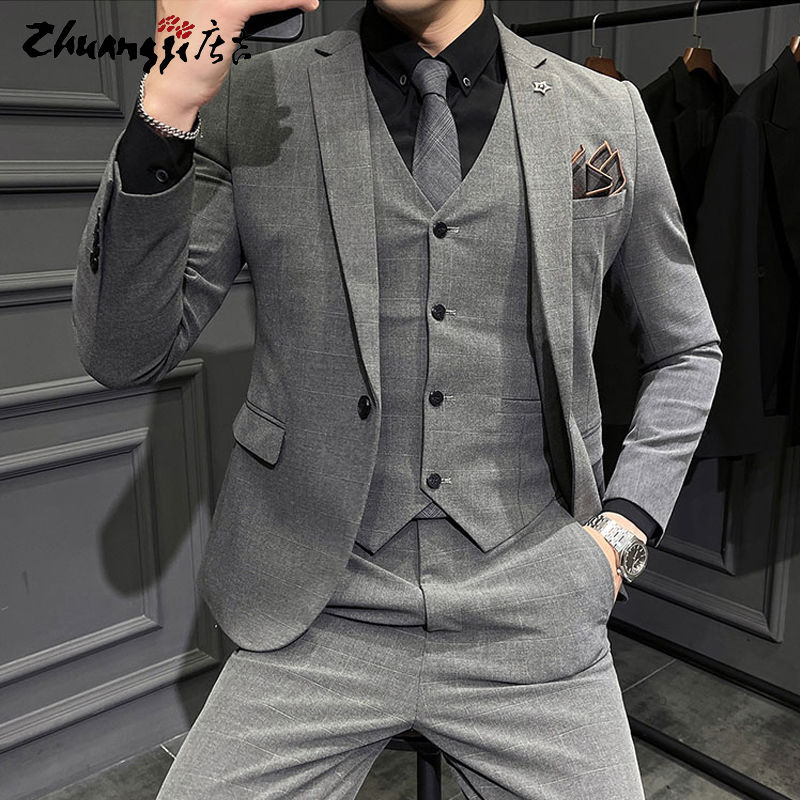庄吉2023新款高级修身韩版西装男一整套商务休闲西服外套结婚礼服