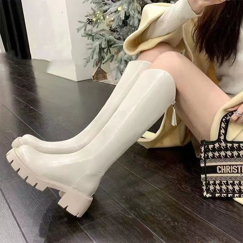 Thick-soled slim-soled slim-length boots for autumn and winter women's new style rear zipper high-top no-knee long knight boots
