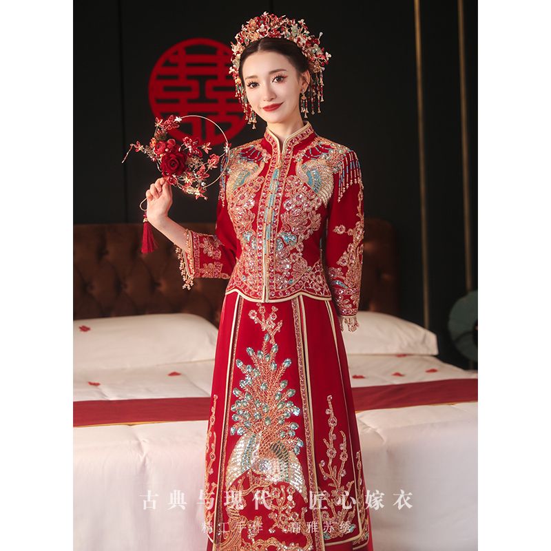 [Golden Phoenix] Velvet Xiuhe clothing  new high-end luxury bride wedding toast clothing Chinese wedding dress heavy industry
