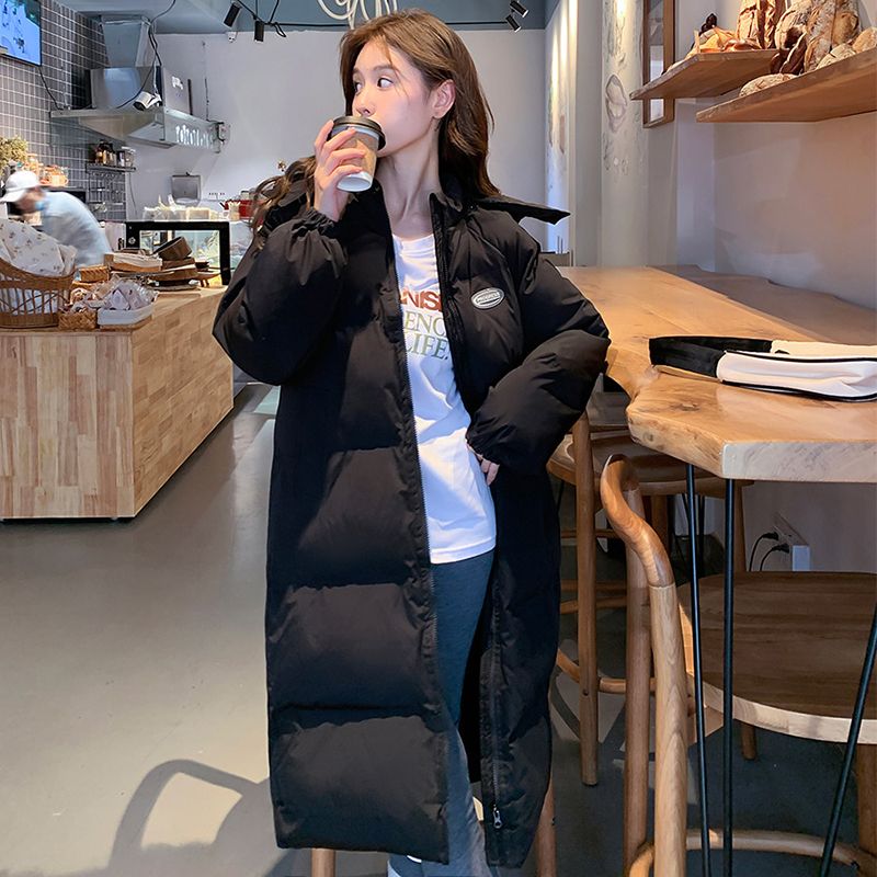 Hooded thickened down cotton jacket women's black cotton jacket mid-length over the knee 2022 winter new Korean version cotton jacket loose