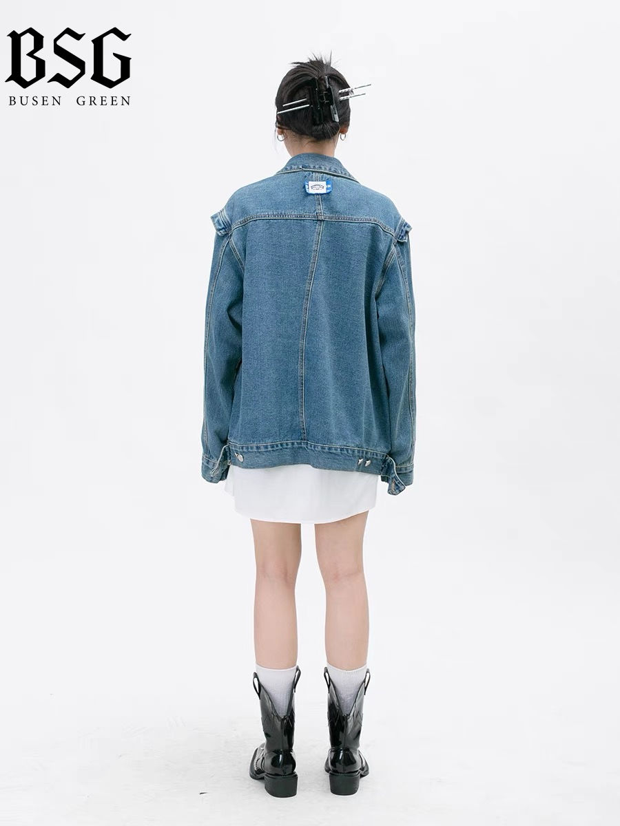 BSG retro loose label deconstructed denim jacket men and women spring and autumn three-dimensional asymmetric splicing jacket tops