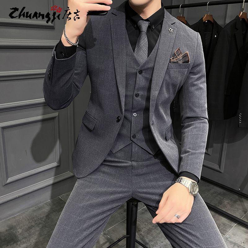 庄吉2023新款高级修身韩版西装男一整套商务休闲西服外套结婚礼服