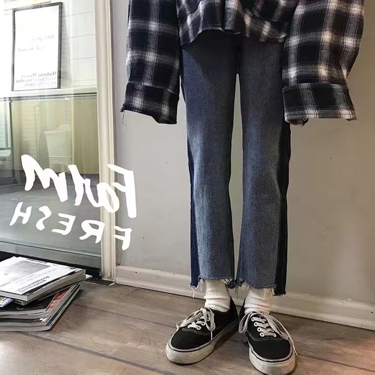 大碼胖MM梨形身材小眾拼接牛仔褲女春秋高腰寬鬆直筒顯瘦九分褲子