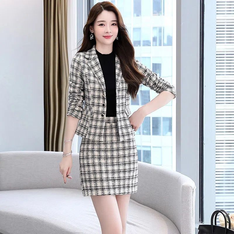 Single/Suit 2022 New Women's Autumn and Winter Small Fragrance Temperament Fashion Professional Plaid Short Skirt Package Hip Two-piece Set 【Delivery within 7 days】