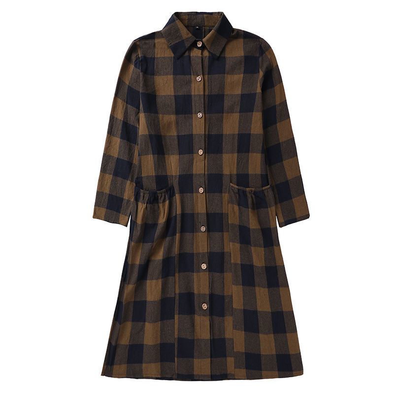 Plaid windbreaker spring and autumn popular temperament coat women's new large size coat mid-length over-the-knee style shirt dress