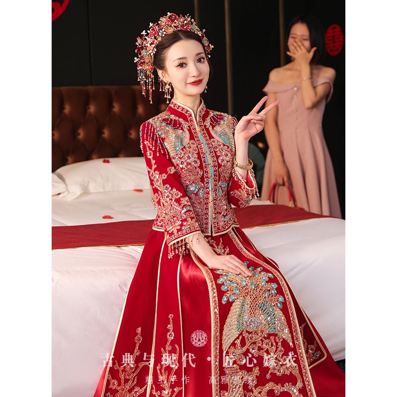[Golden Phoenix] Velvet Xiuhe clothing  new high-end luxury bride wedding toast clothing Chinese wedding dress heavy industry