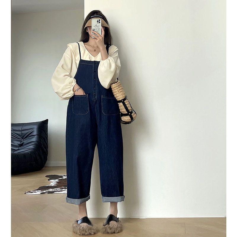 Denim overalls women's 2022 autumn and winter new style small man big size fat mm slim straight wide leg one-piece pants tide [dispatched on February 8]