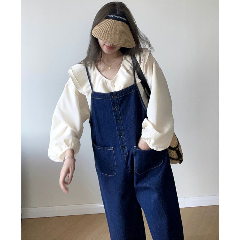 Denim overalls women's 2022 autumn and winter new style small man big size fat mm slim straight wide leg one-piece pants tide [dispatched on February 8]