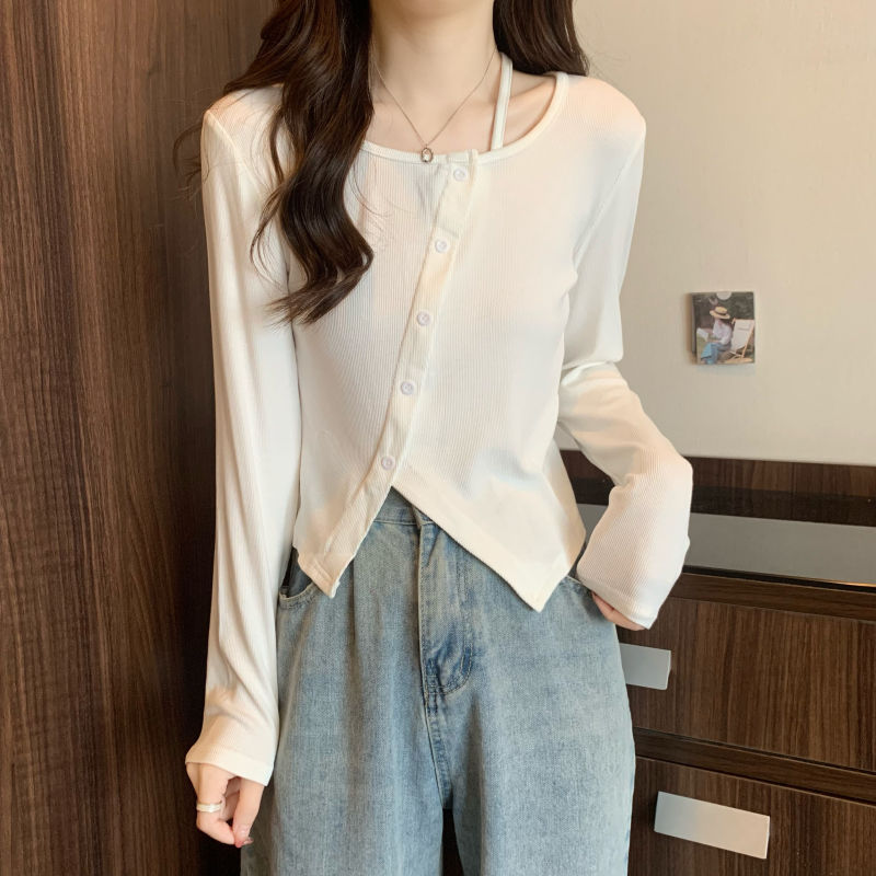 Irregular t-shirt women's 2022 autumn leaky collarbone short section slit unique tops all-match hot girl long-sleeved bottoming shirt