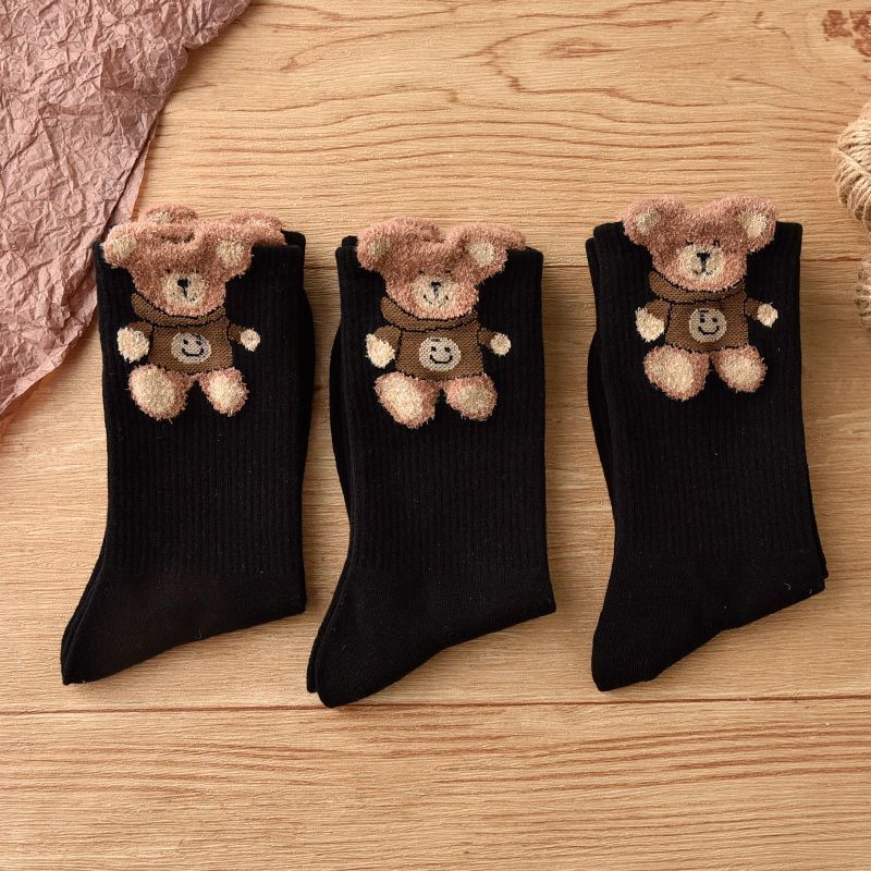 Feather gauze bear socks women's mid-tube plush socks for outer wear cute ins tide all-match stockings autumn and winter
