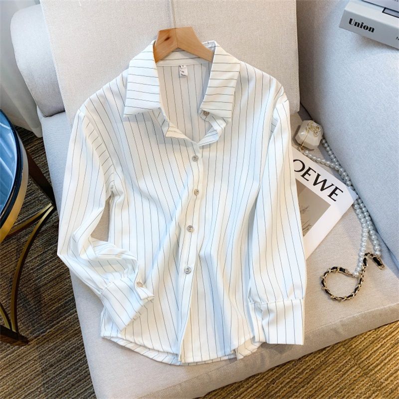 條紋襯衫女春秋新款小西服內搭雪紡長袖POLO領襯衣ins潮百搭上衣