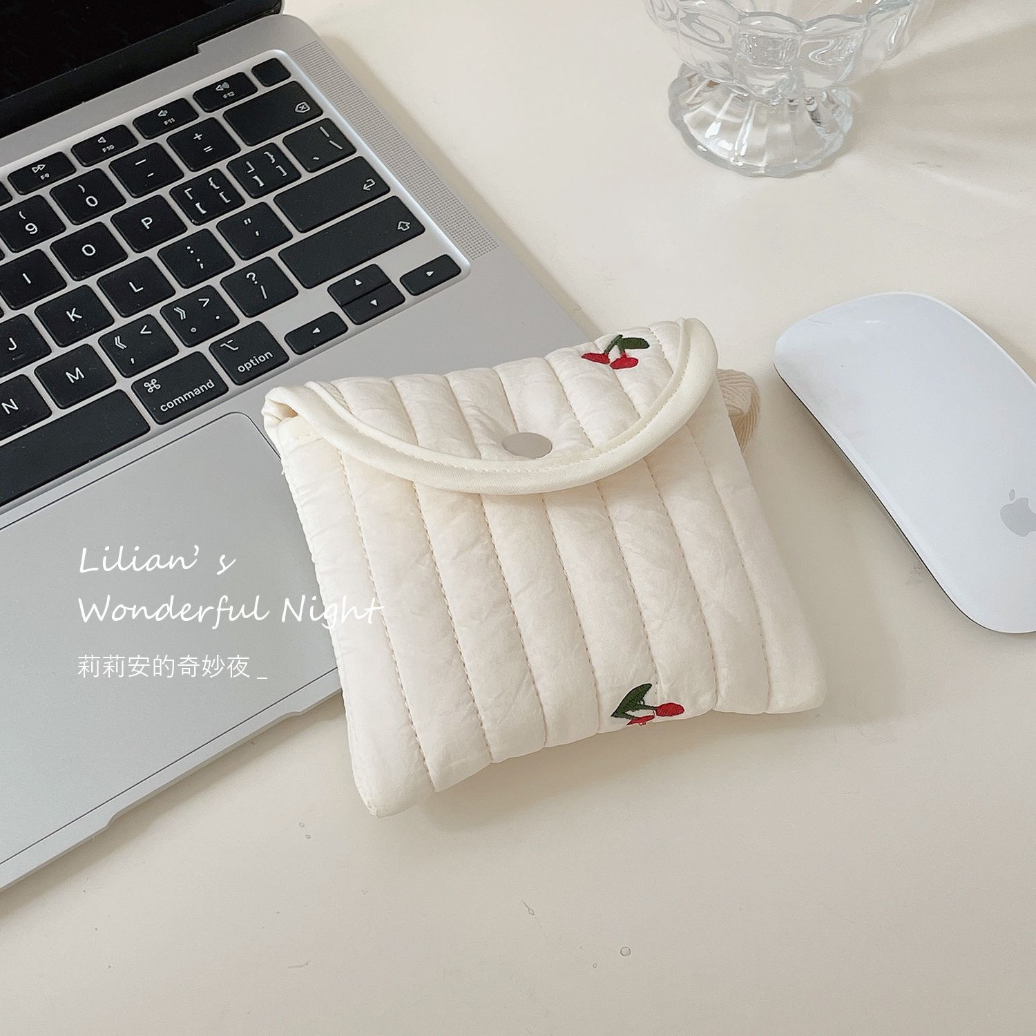 Lilian Quilted Cotton Cherry Storage Bag Korean Style High-Looking Embroidered Coin Purse Female Student Niche Aunt Towel Bag