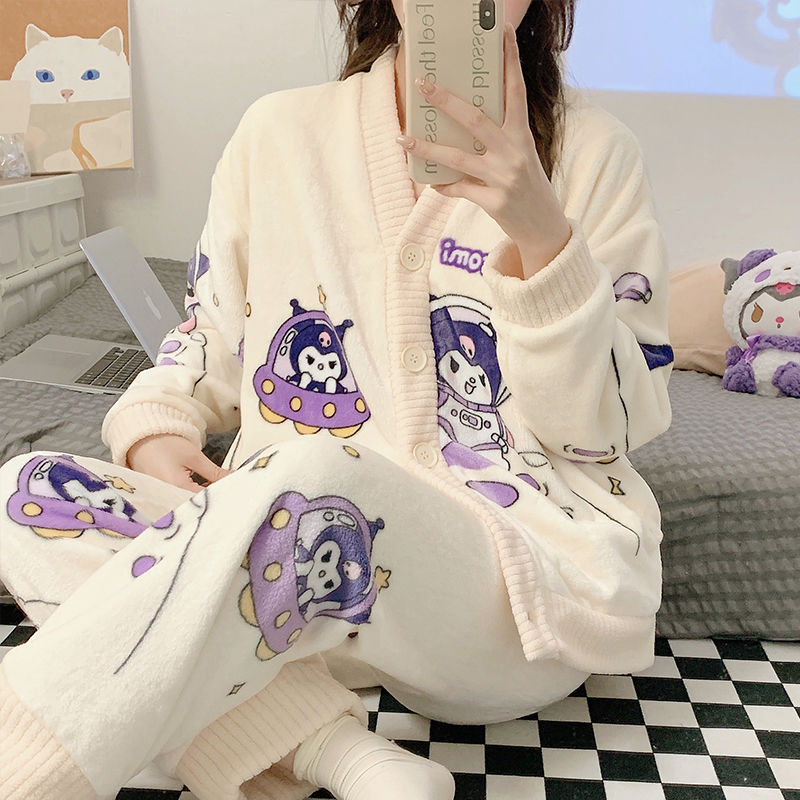 Coral fleece pajamas women's autumn and winter cute cinnamon puppy plus velvet thickened winter flannel home service suit
